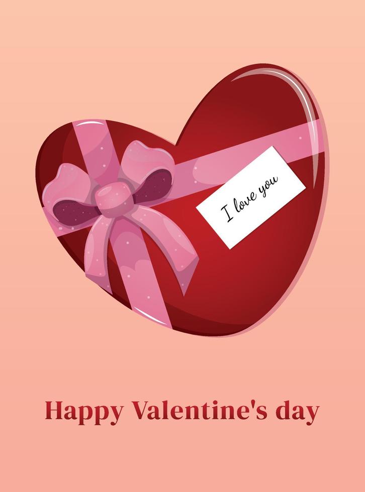Valentijnsdag dag groet kaart hartvormig rood geschenk doos gebonden met roze lintje. liefde symbolen voor geschenken, kaarten, affiches. vector illustratie.