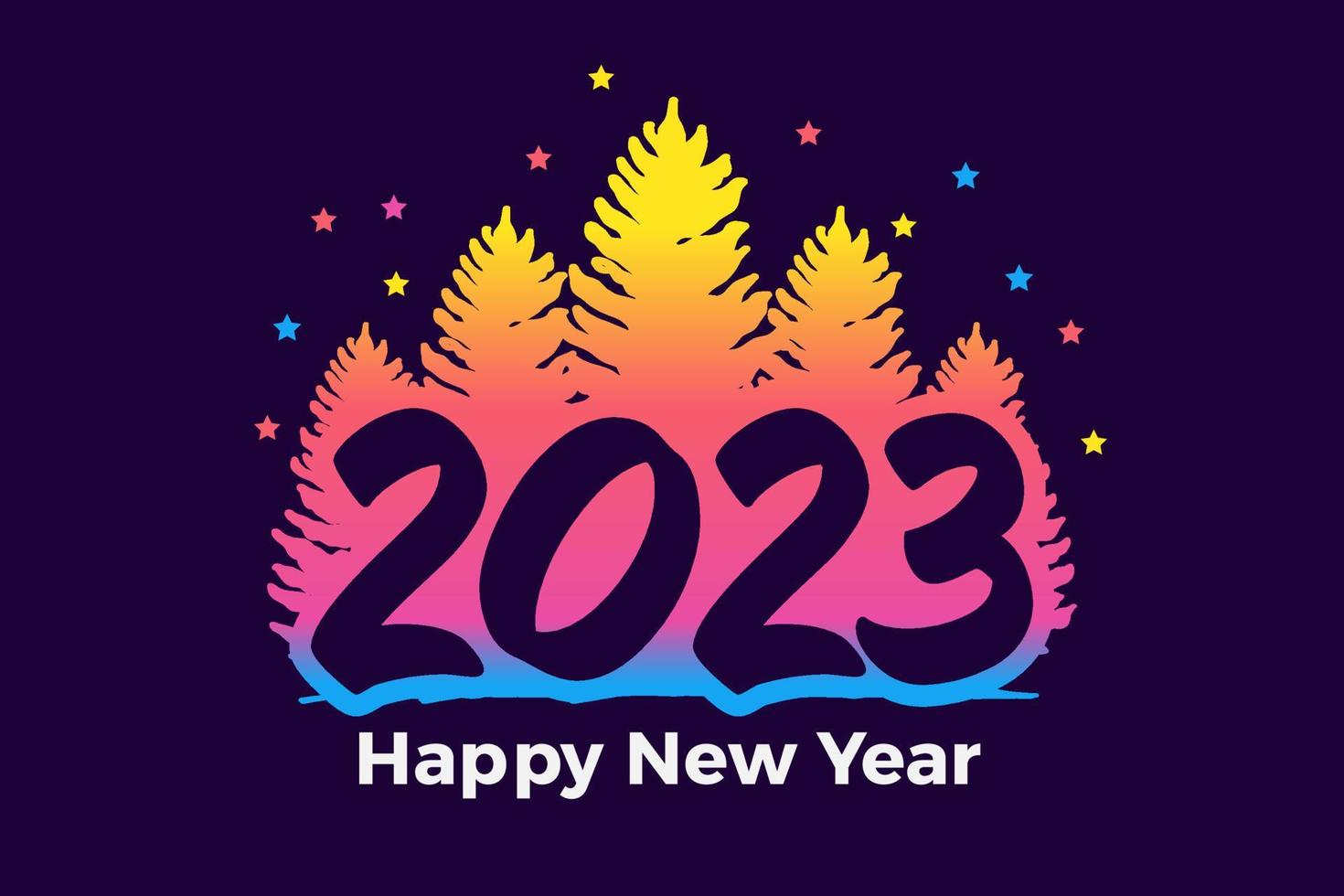 gelukkig nieuw jaar 2023 met een pijnboom boom. geschikt voor groet, stempel, uitnodigingen, spandoeken, of achtergrond ontwerp van 2023. kleurrijk vector ontwerp illustratie.