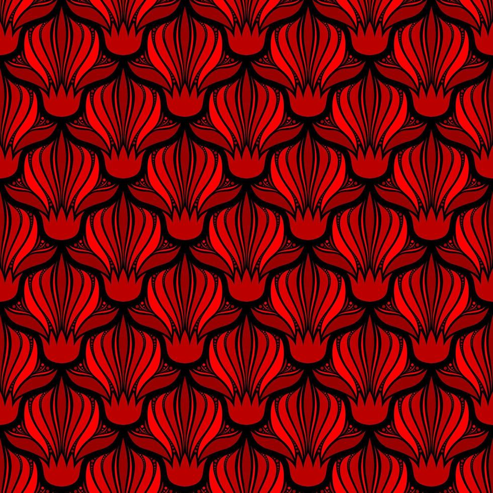 zwart naadloos vector kunst nouveau achtergrond met rood bloemen