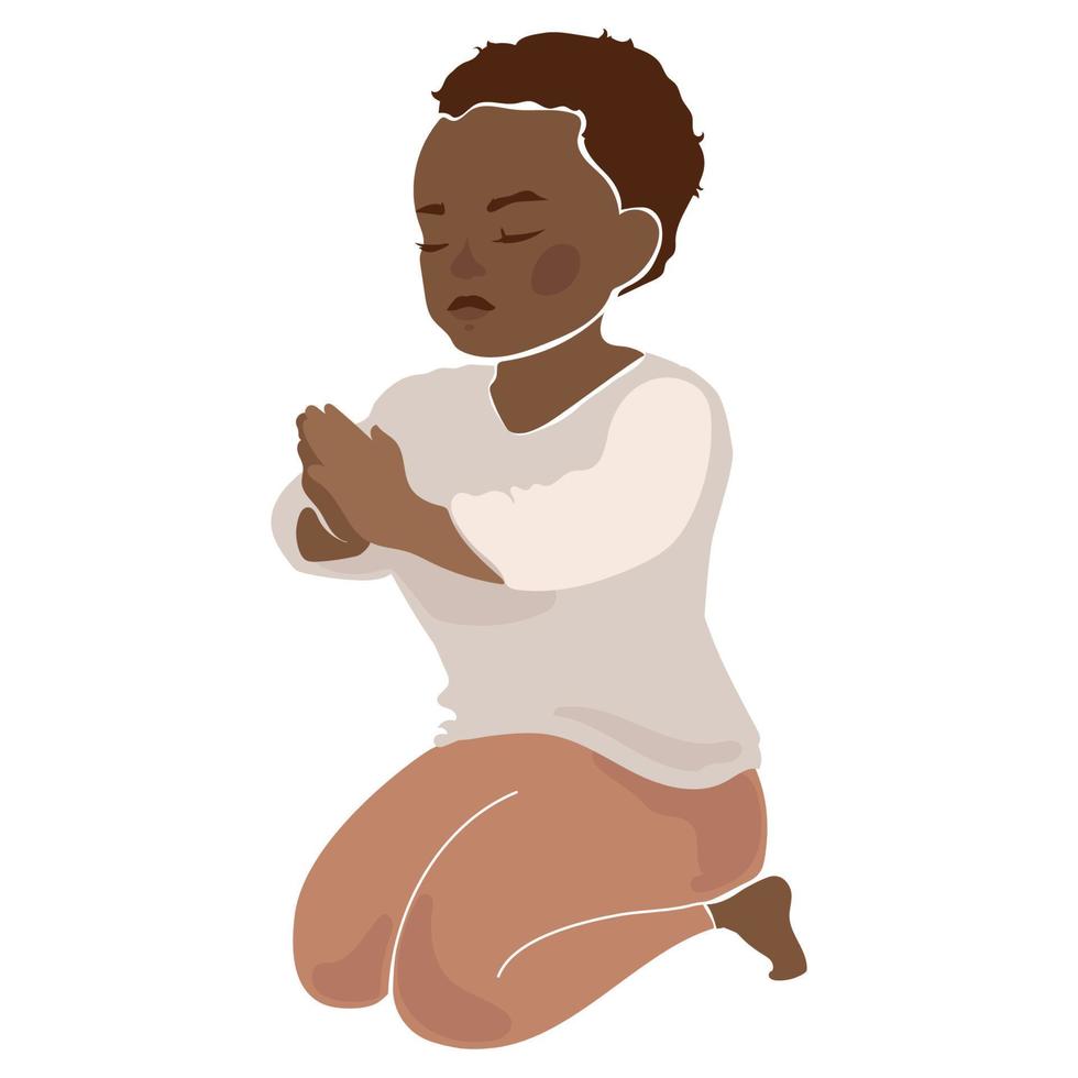 bidden zwart Afrikaanse kind jongen vector concept illustratie.afrikaans Amerikaans weinig jongen met handen gevouwen in bidden, bidden geknield modern vlak illustratie, tekenfilm stijl