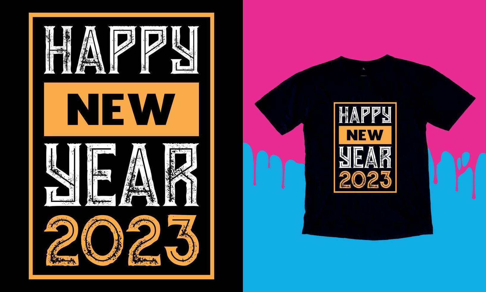 gelukkig nieuw jaar 2023, gelukkig nieuw jaar t overhemd ontwerp, belettering vector illustratie geïsoleerd Aan zwart achtergrond, nieuw jaar stickers quota, tas, kopjes, kaart, geschenk.