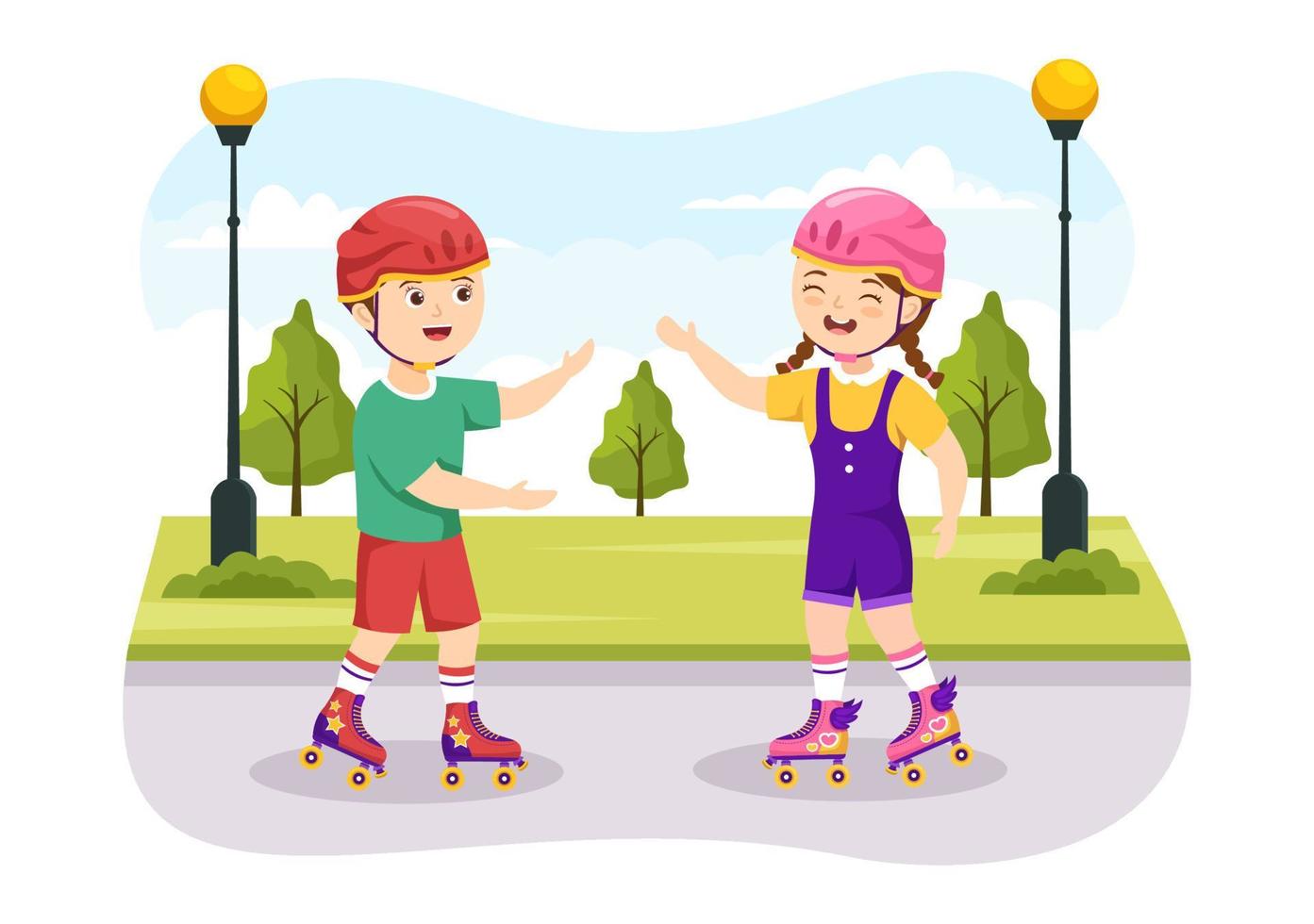 kinderen rijden rol skates in stad park voor buitenshuis werkzaamheid, sport recreatie of weekend vrije tijd in vlak tekenfilm hand- getrokken Sjablonen illustratie vector