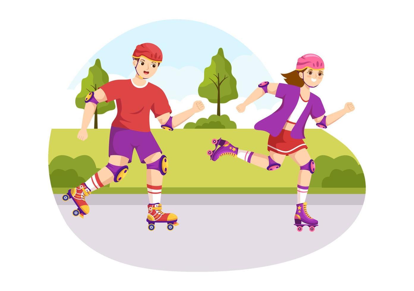 mensen rijden rol skates in stad park voor buitenshuis werkzaamheid, sport- recreatie of weekend recreatie in vlak tekenfilm hand- getrokken sjabloon illustratie vector