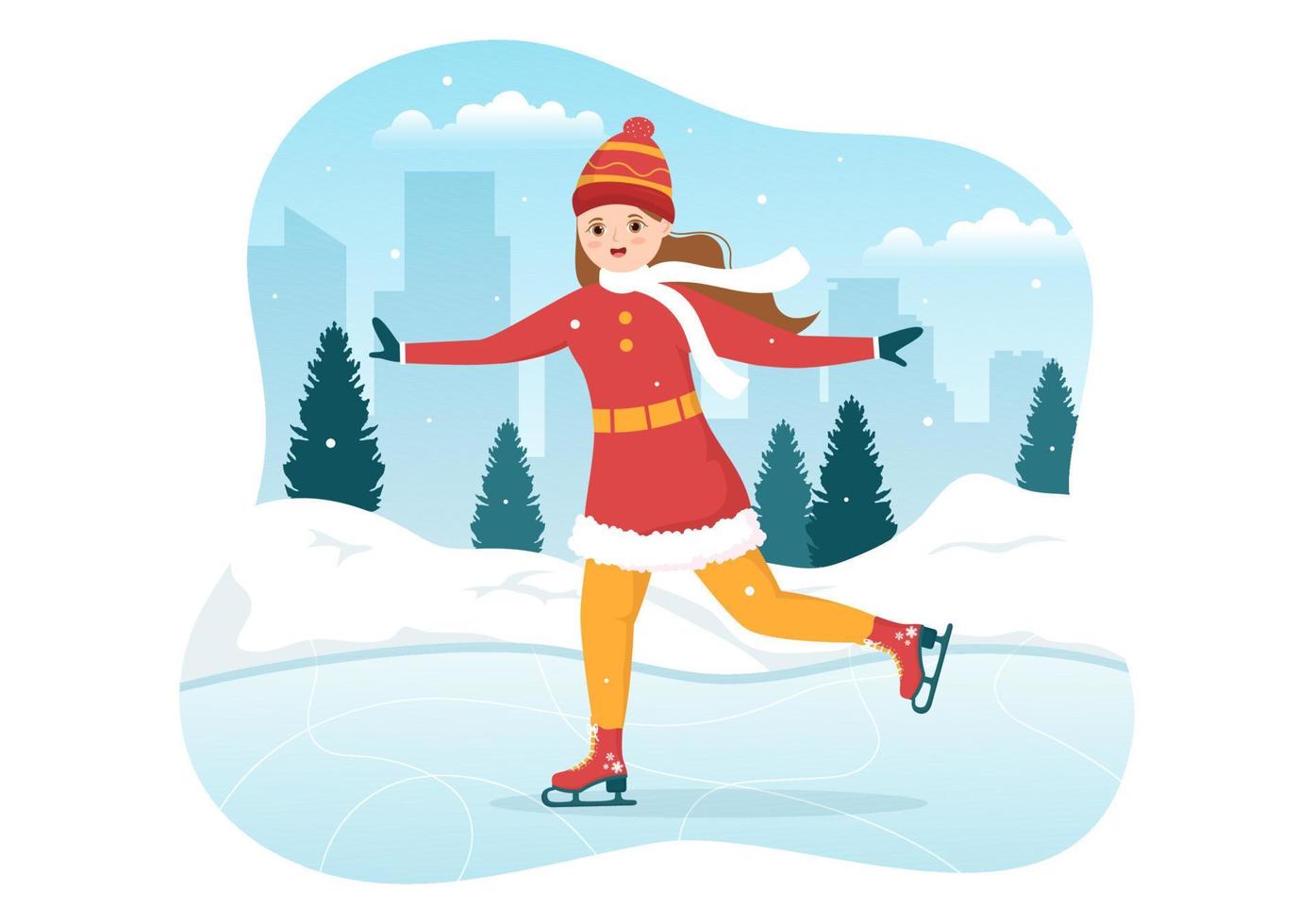 mensen het schaatsen Aan ijs baan vervelend winter kleren voor buitenshuis werkzaamheid of sport- recreatie in vlak tekenfilm hand- getrokken Sjablonen illustratie vector