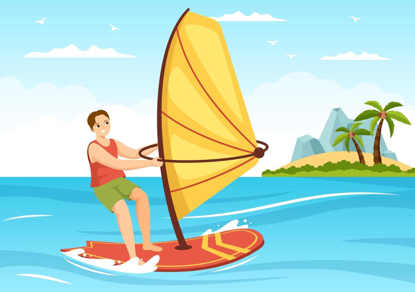 het windsurfen met de persoon staand Aan de het zeilen boot en Holding de zeil in extreem water sport vlak tekenfilm hand- getrokken Sjablonen illustratie vector