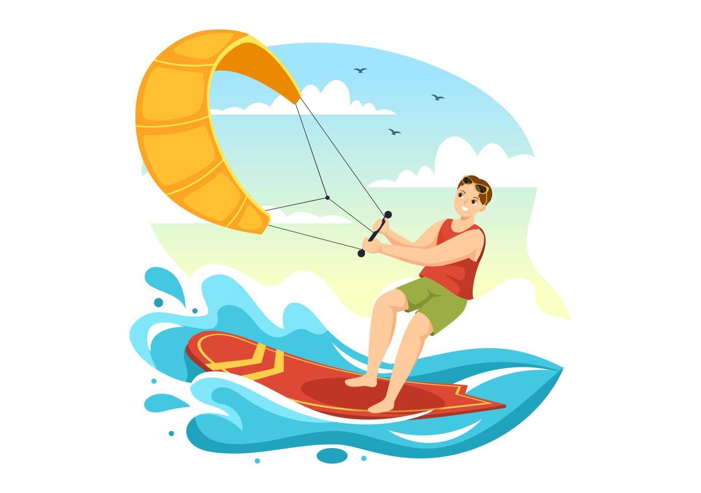 kitesurfen illustratie met vlieger surfer staand Aan kiteboard in de zomer zee in extreem water sport- vlak tekenfilm hand- getrokken sjabloon vector