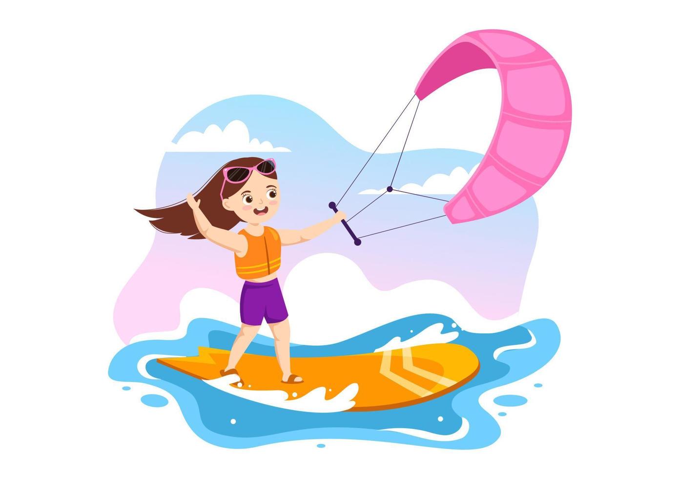 kitesurfen illustratie met kinderen vlieger surfer staand Aan kiteboard in de zomer zee in extreem water sport- vlak tekenfilm hand- getrokken sjabloon vector