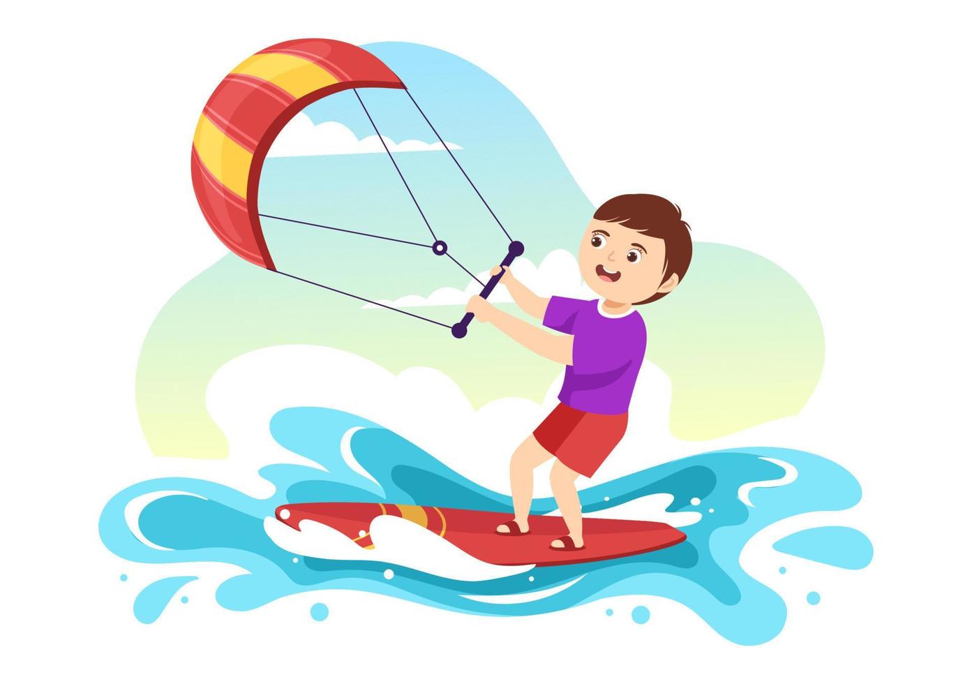 kitesurfen illustratie met kinderen vlieger surfer staand Aan kiteboard in de zomer zee in extreem water sport- vlak tekenfilm hand- getrokken sjabloon vector