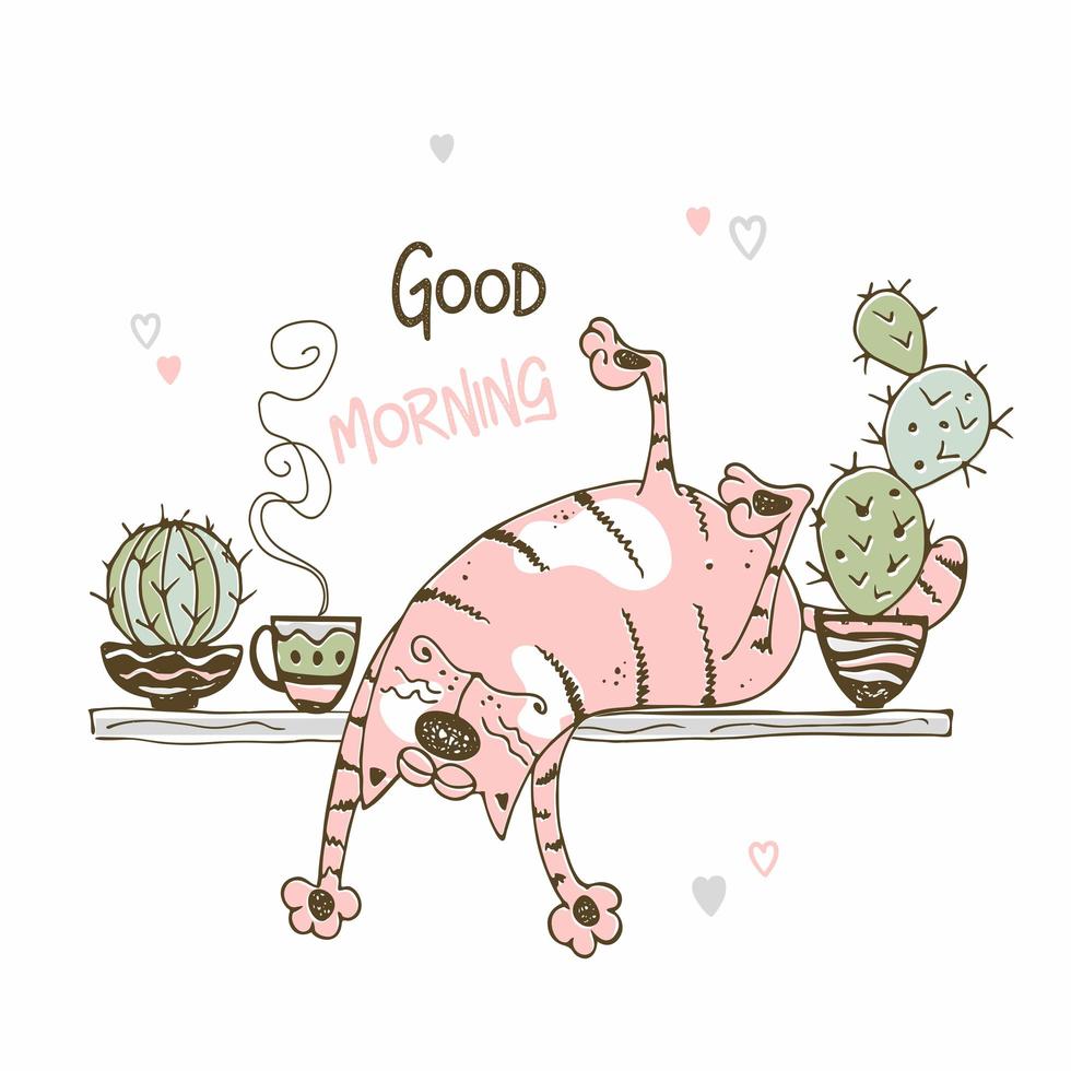 grappige kattenslaap op een plank met cactussen vector