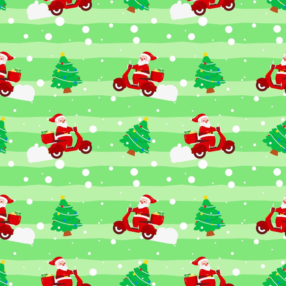 kerst schattige kerstman motorfiets boom geschenkdoos levering groen patroon voor inpakpapier vector