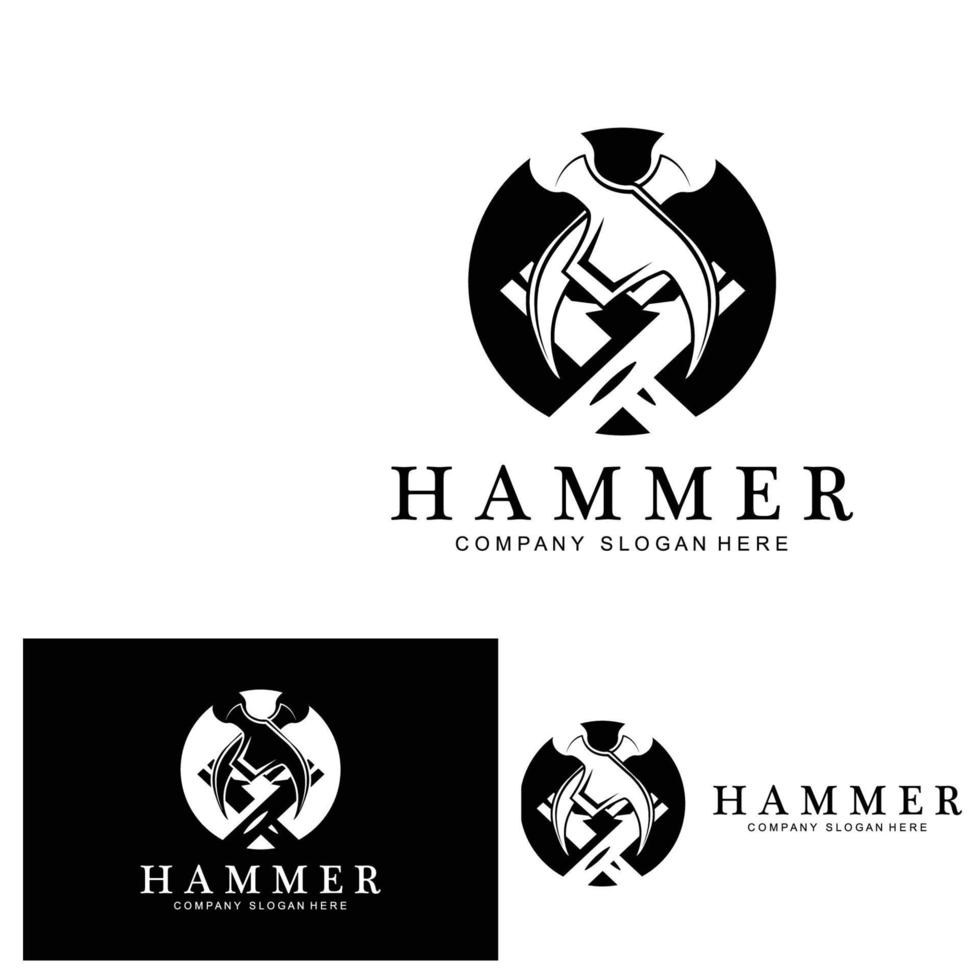 hamer, bouwconstructiehulpmiddelen en rechter logo vectorpictogram, vintage retro ontwerpillustratie vector