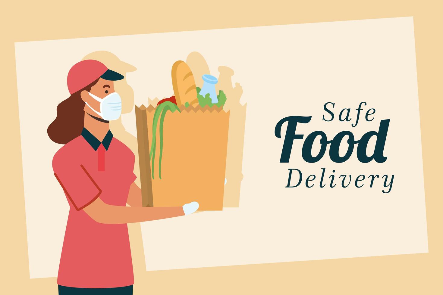 veilige online levering van voedsel met vrouwelijke werknemer vector
