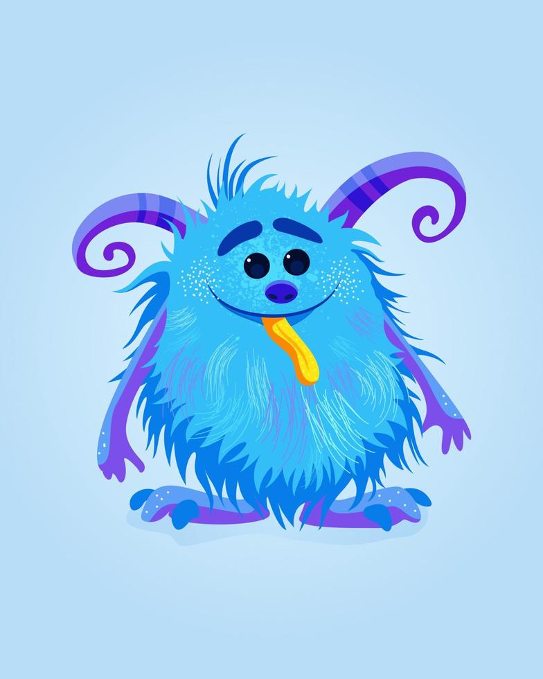 gelukkig tekenfilm monster met blauw vacht en hoorns. kleurrijk geïsoleerd vector illustratie voor ieder gebruiken.