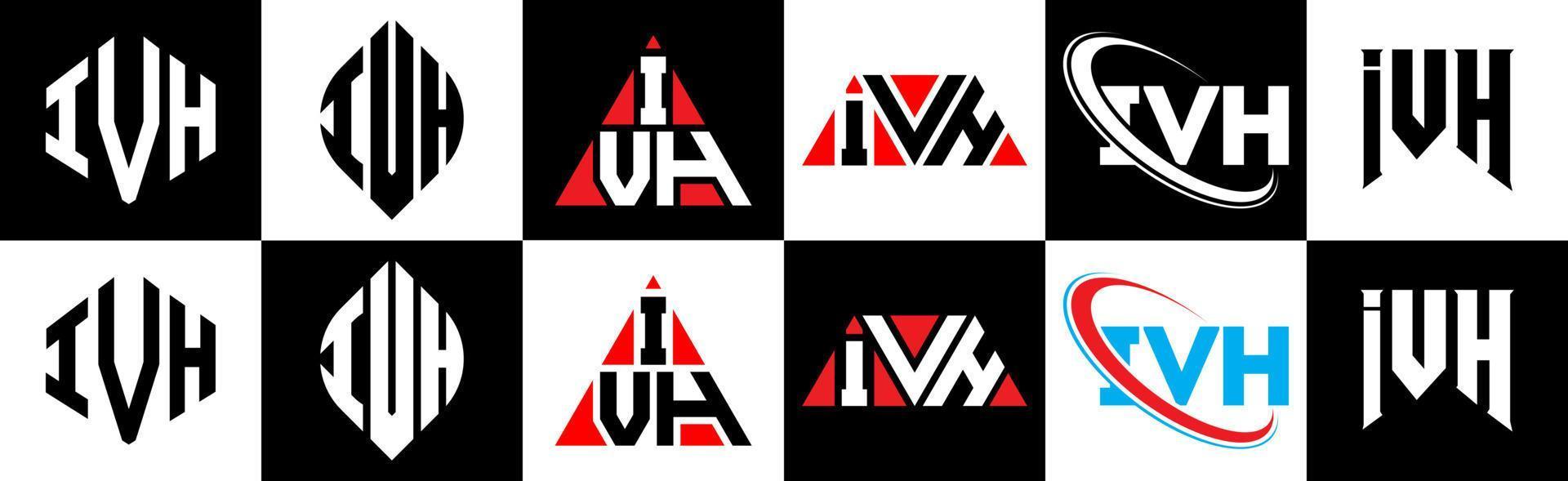 ivh brief logo ontwerp in zes stijl. ivh veelhoek, cirkel, driehoek, zeshoek, vlak en gemakkelijk stijl met zwart en wit kleur variatie brief logo reeks in een tekengebied. ivh minimalistische en klassiek logo vector