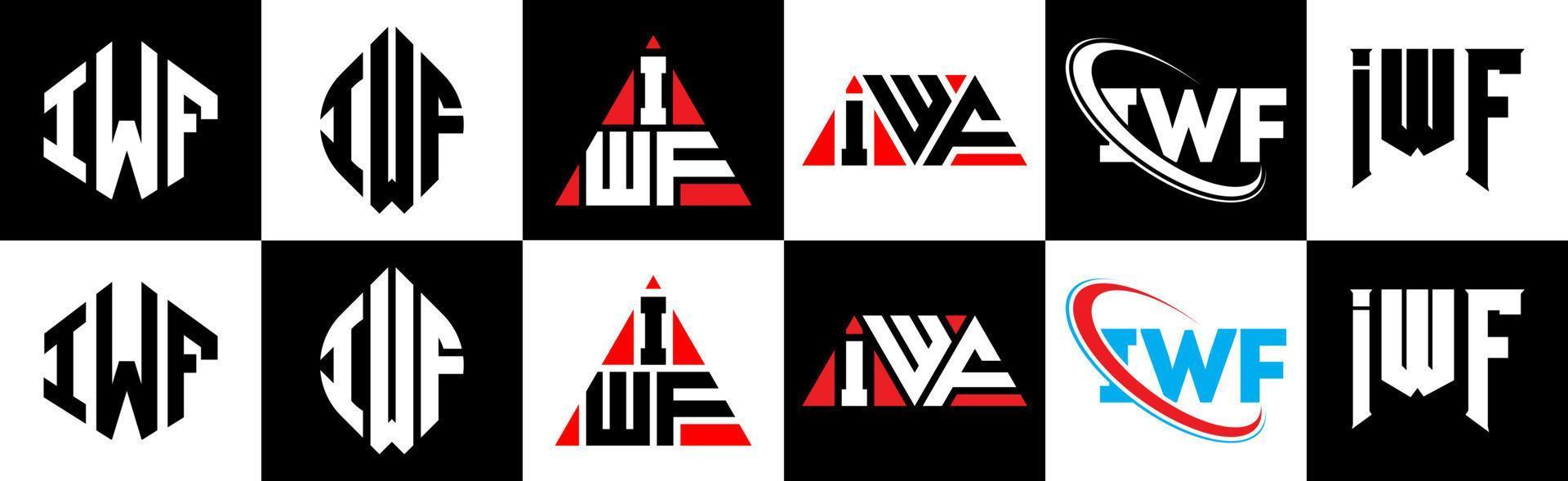 iwf brief logo ontwerp in zes stijl. iwf veelhoek, cirkel, driehoek, zeshoek, vlak en gemakkelijk stijl met zwart en wit kleur variatie brief logo reeks in een tekengebied. iwf minimalistische en klassiek logo vector