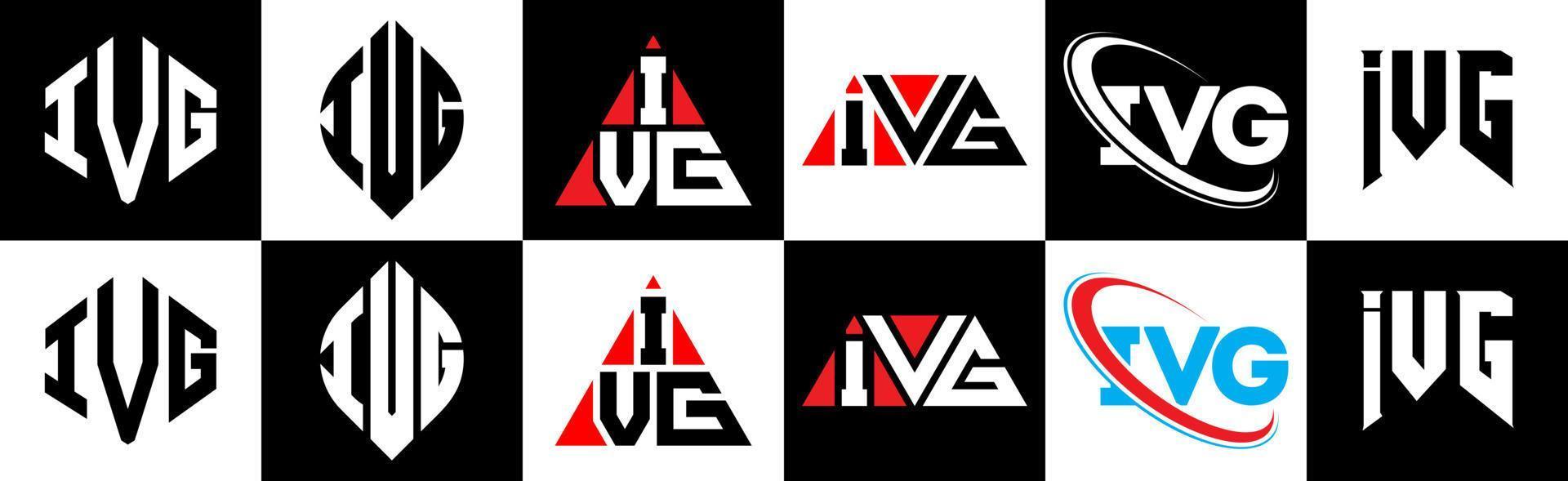 ivg brief logo ontwerp in zes stijl. ivg veelhoek, cirkel, driehoek, zeshoek, vlak en gemakkelijk stijl met zwart en wit kleur variatie brief logo reeks in een tekengebied. ivg minimalistische en klassiek logo vector