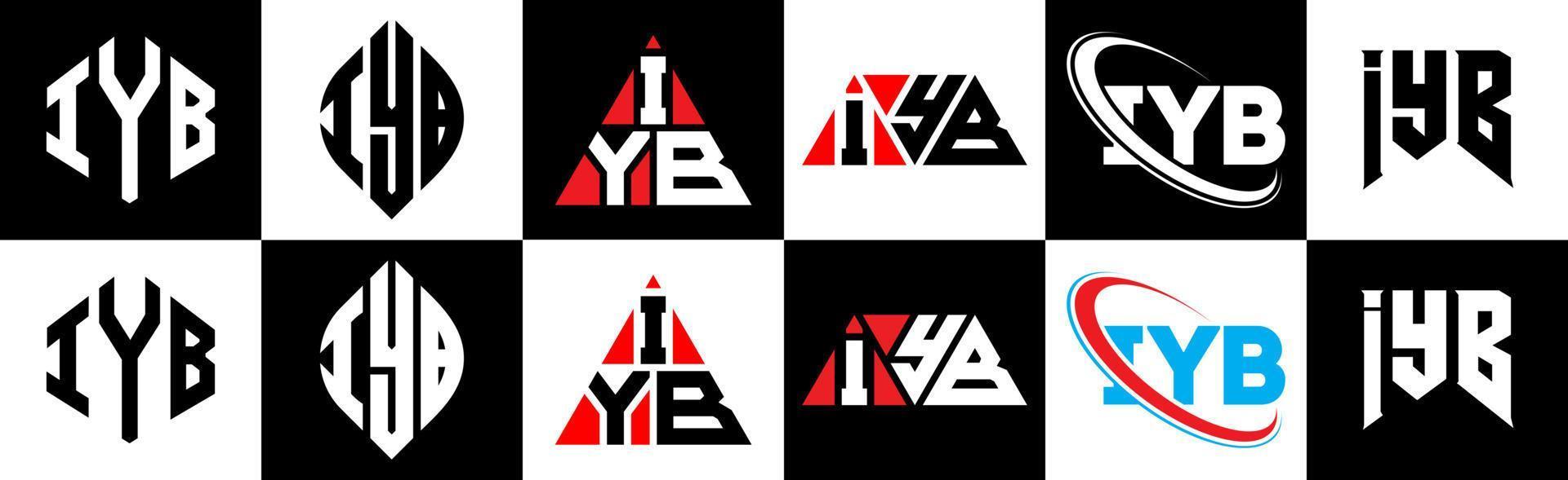 iyb brief logo ontwerp in zes stijl. iyb veelhoek, cirkel, driehoek, zeshoek, vlak en gemakkelijk stijl met zwart en wit kleur variatie brief logo reeks in een tekengebied. iyb minimalistische en klassiek logo vector