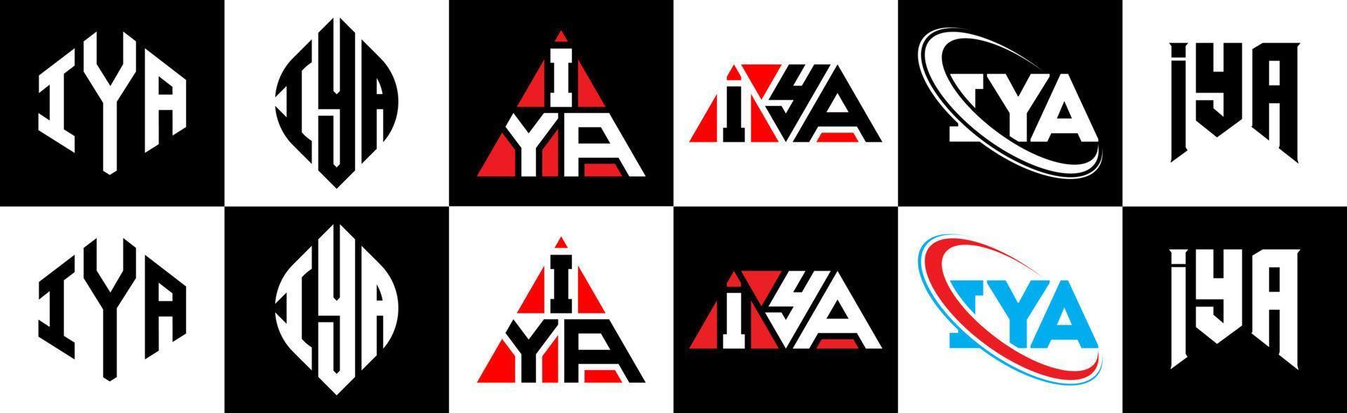 iya brief logo ontwerp in zes stijl. iya veelhoek, cirkel, driehoek, zeshoek, vlak en gemakkelijk stijl met zwart en wit kleur variatie brief logo reeks in een tekengebied. iya minimalistische en klassiek logo vector