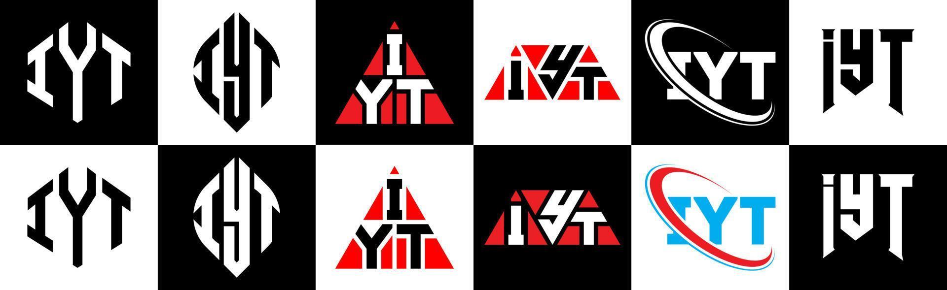 iyt brief logo ontwerp in zes stijl. iyt veelhoek, cirkel, driehoek, zeshoek, vlak en gemakkelijk stijl met zwart en wit kleur variatie brief logo reeks in een tekengebied. iyt minimalistische en klassiek logo vector