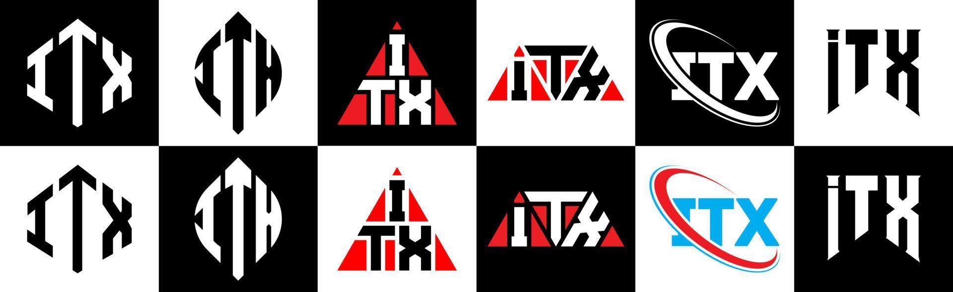 itx brief logo ontwerp in zes stijl. itx veelhoek, cirkel, driehoek, zeshoek, vlak en gemakkelijk stijl met zwart en wit kleur variatie brief logo reeks in een tekengebied. itx minimalistische en klassiek logo vector