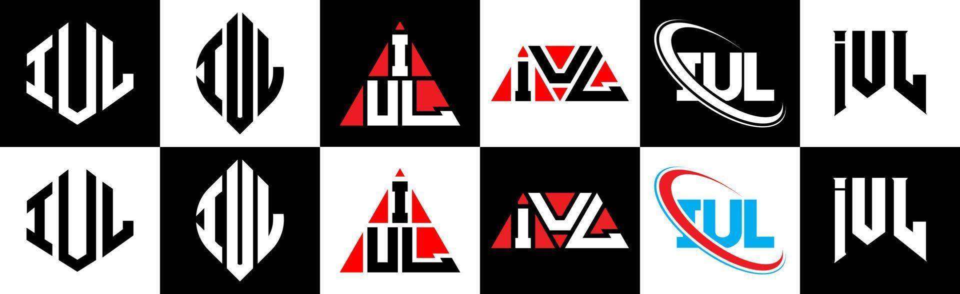 iul brief logo ontwerp in zes stijl. iul veelhoek, cirkel, driehoek, zeshoek, vlak en gemakkelijk stijl met zwart en wit kleur variatie brief logo reeks in een tekengebied. iul minimalistische en klassiek logo vector