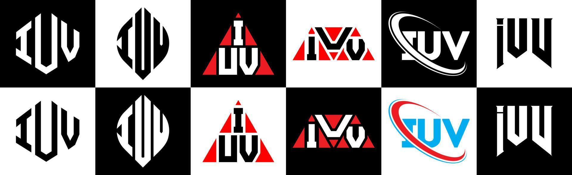 iuv brief logo ontwerp in zes stijl. iuv veelhoek, cirkel, driehoek, zeshoek, vlak en gemakkelijk stijl met zwart en wit kleur variatie brief logo reeks in een tekengebied. iuv minimalistische en klassiek logo vector