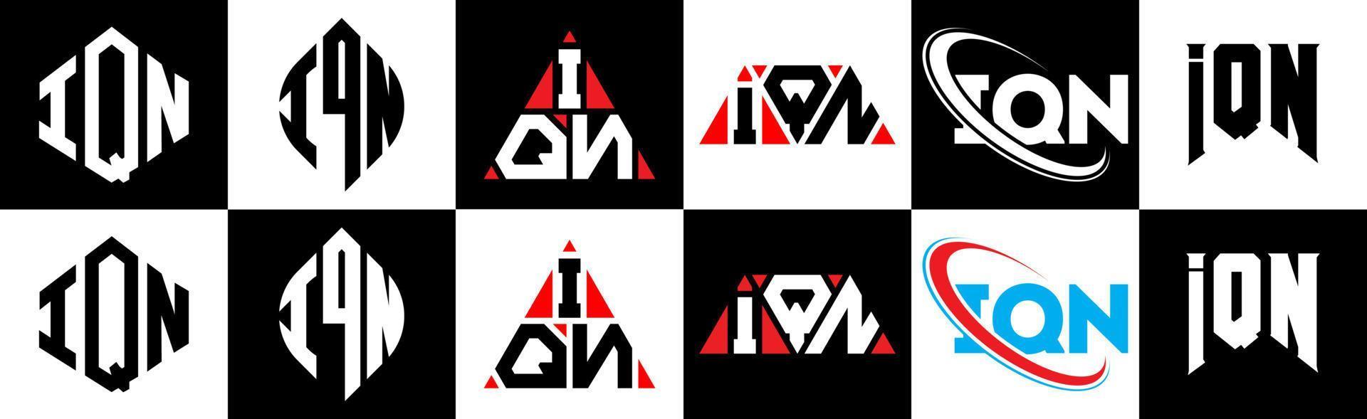 iqn brief logo ontwerp in zes stijl. iqn veelhoek, cirkel, driehoek, zeshoek, vlak en gemakkelijk stijl met zwart en wit kleur variatie brief logo reeks in een tekengebied. iqn minimalistische en klassiek logo vector