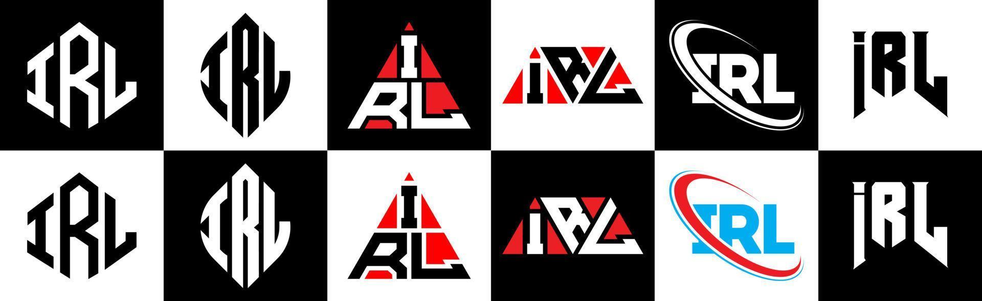 irl brief logo ontwerp in zes stijl. irl veelhoek, cirkel, driehoek, zeshoek, vlak en gemakkelijk stijl met zwart en wit kleur variatie brief logo reeks in een tekengebied. irl minimalistische en klassiek logo vector