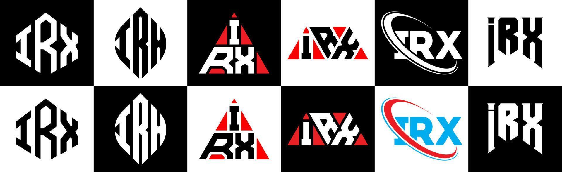 irx brief logo ontwerp in zes stijl. irx veelhoek, cirkel, driehoek, zeshoek, vlak en gemakkelijk stijl met zwart en wit kleur variatie brief logo reeks in een tekengebied. irx minimalistische en klassiek logo vector