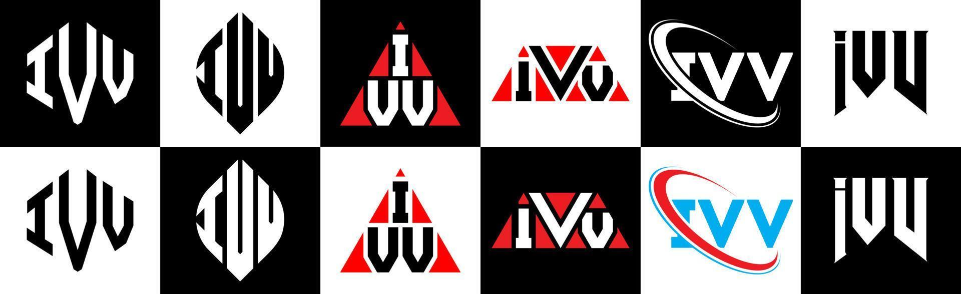 ivv brief logo ontwerp in zes stijl. ivv veelhoek, cirkel, driehoek, zeshoek, vlak en gemakkelijk stijl met zwart en wit kleur variatie brief logo reeks in een tekengebied. ivv minimalistische en klassiek logo vector