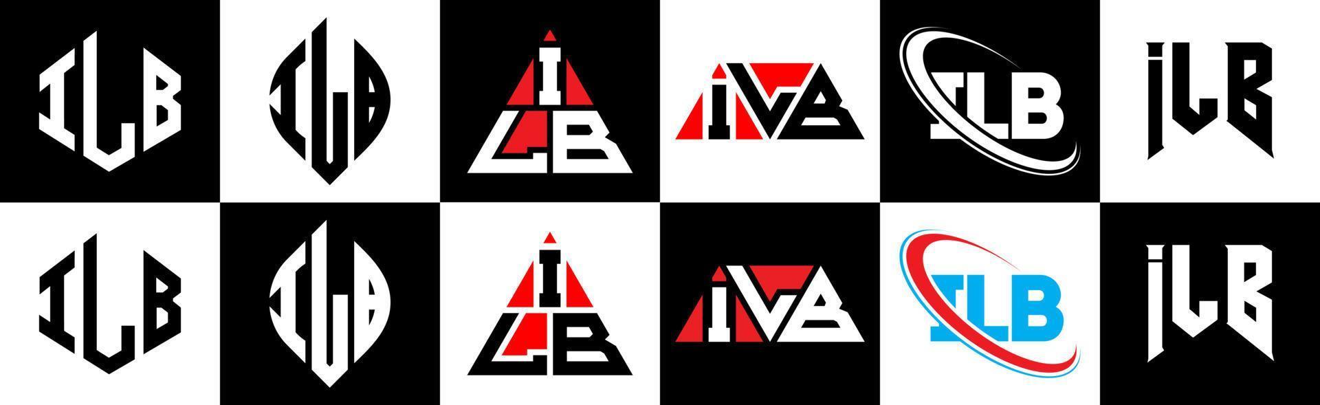 ilb brief logo ontwerp in zes stijl. ilb veelhoek, cirkel, driehoek, zeshoek, vlak en gemakkelijk stijl met zwart en wit kleur variatie brief logo reeks in een tekengebied. ilb minimalistische en klassiek logo vector