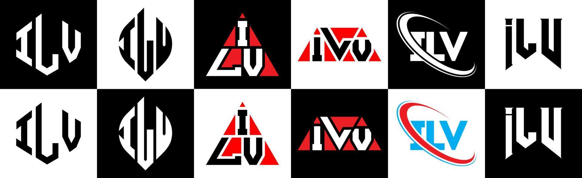 ilv brief logo ontwerp in zes stijl. ilv veelhoek, cirkel, driehoek, zeshoek, vlak en gemakkelijk stijl met zwart en wit kleur variatie brief logo reeks in een tekengebied. ilv minimalistische en klassiek logo vector