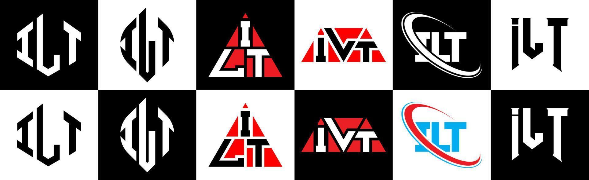 ilt brief logo ontwerp in zes stijl. ilt veelhoek, cirkel, driehoek, zeshoek, vlak en gemakkelijk stijl met zwart en wit kleur variatie brief logo reeks in een tekengebied. ilt minimalistische en klassiek logo vector