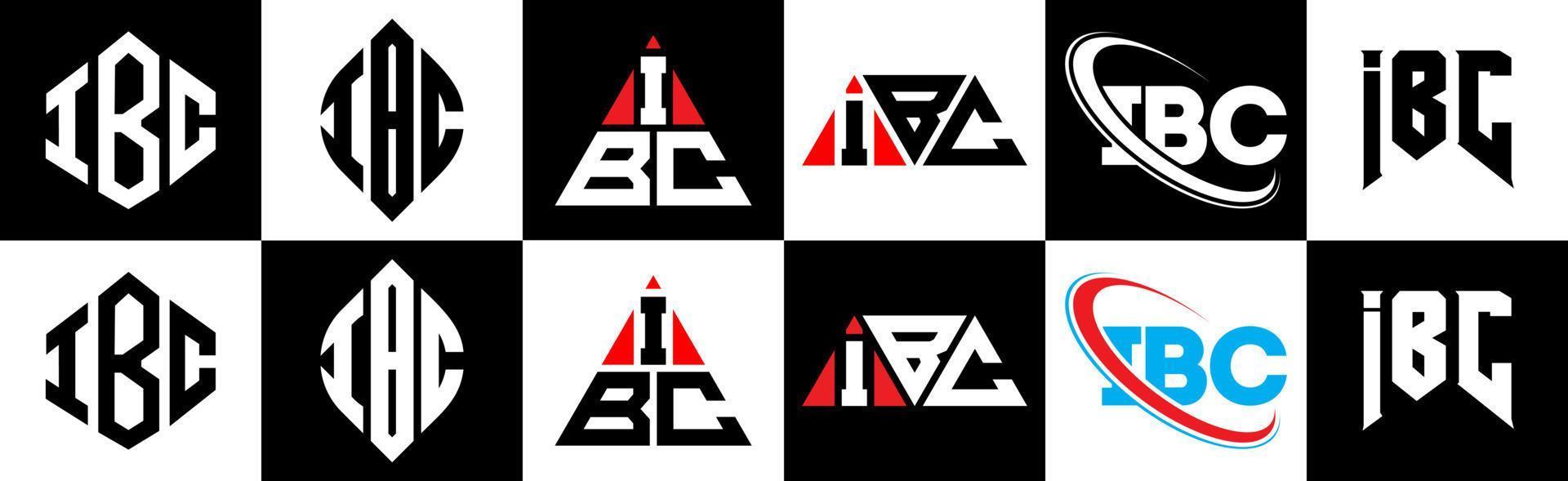 ibc brief logo ontwerp in zes stijl. ibc veelhoek, cirkel, driehoek, zeshoek, vlak en gemakkelijk stijl met zwart en wit kleur variatie brief logo reeks in een tekengebied. ibc minimalistische en klassiek logo vector