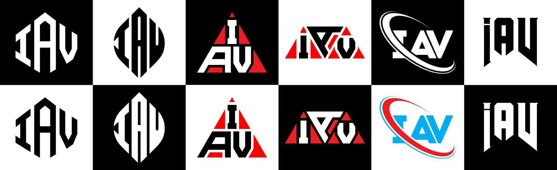 iav brief logo ontwerp in zes stijl. iav veelhoek, cirkel, driehoek, zeshoek, vlak en gemakkelijk stijl met zwart en wit kleur variatie brief logo reeks in een tekengebied. iav minimalistische en klassiek logo vector