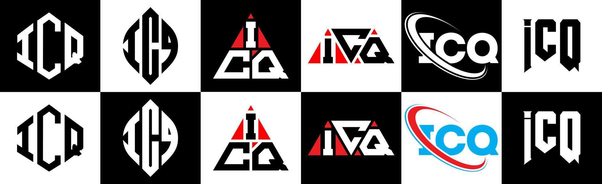icq brief logo ontwerp in zes stijl. icq veelhoek, cirkel, driehoek, zeshoek, vlak en gemakkelijk stijl met zwart en wit kleur variatie brief logo reeks in een tekengebied. icq minimalistische en klassiek logo vector