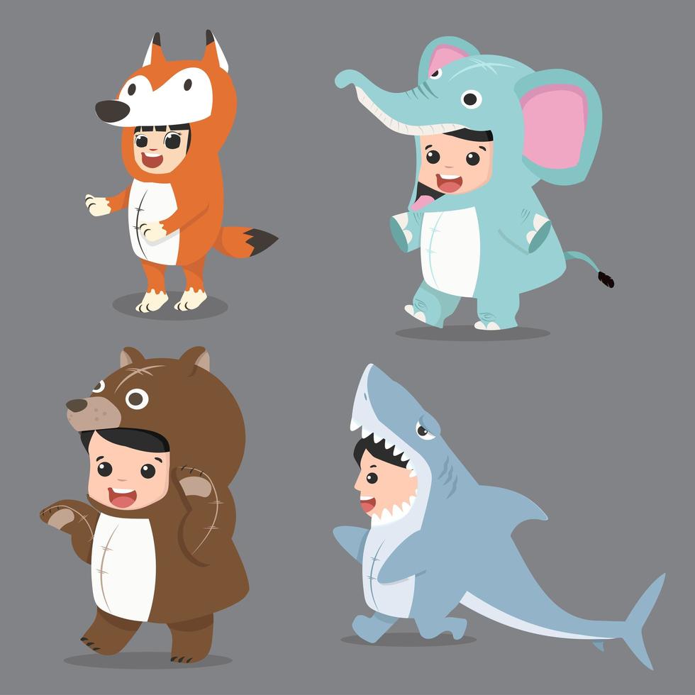 set van stripfiguren kind in kostuums van dieren vector