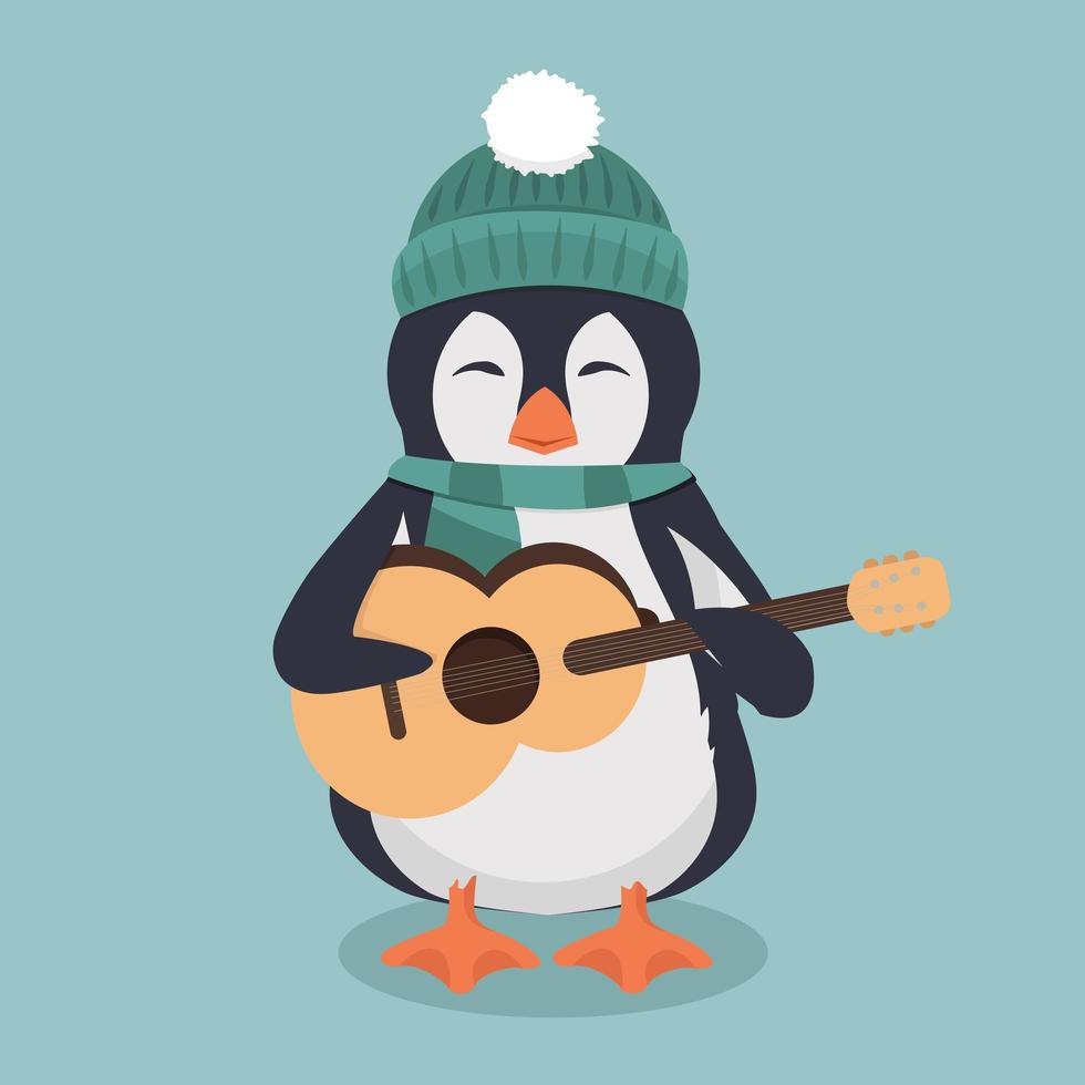 pinguïn met een hoed en sjaal met gitaar vector