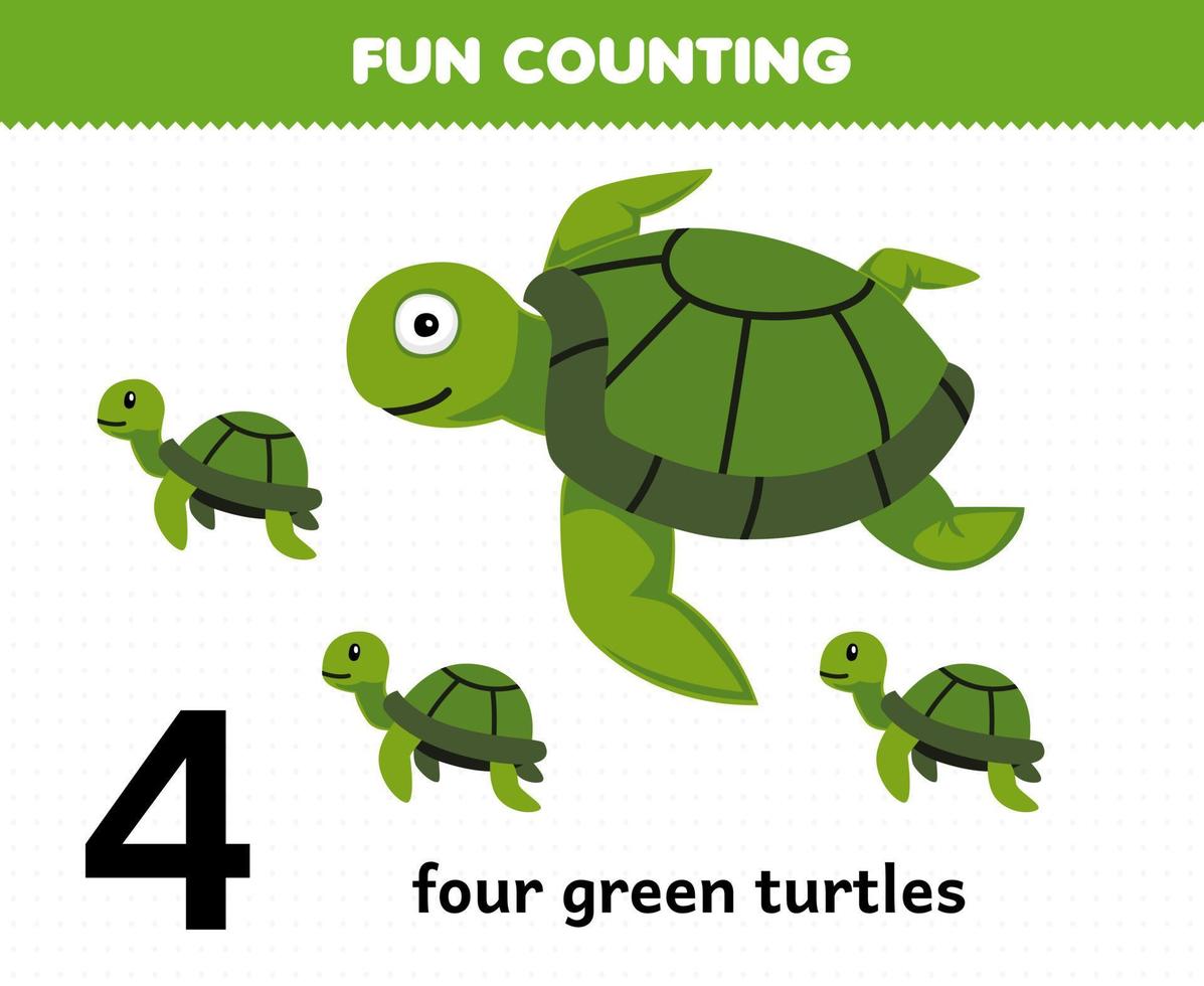 onderwijs spel voor kinderen pret tellen vier groen schildpadden afdrukbare onderwater- werkblad vector