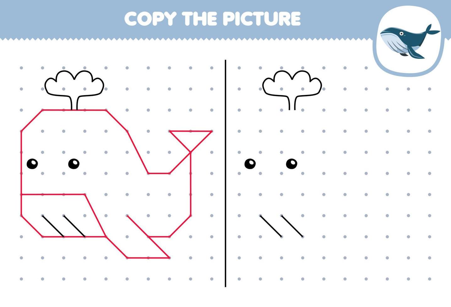onderwijs spel voor kinderen kopiëren schattig tekenfilm walvis afbeelding door Verbinden de punt afdrukbare onderwater- werkblad vector