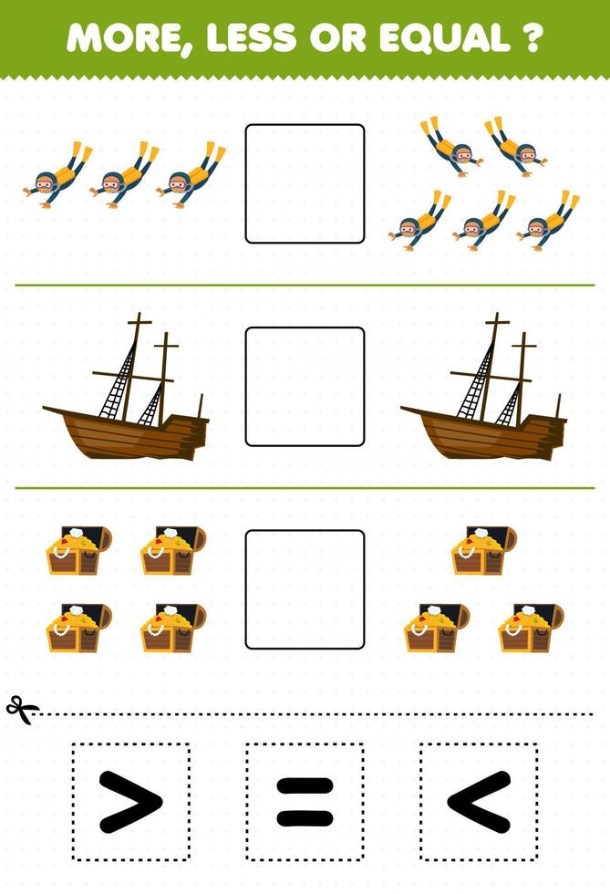 onderwijs spel voor kinderen tellen meer minder of Gelijk van tekenfilm duiker vernield schip schat borst vervolgens besnoeiing en lijm de correct teken onderwater- werkblad vector