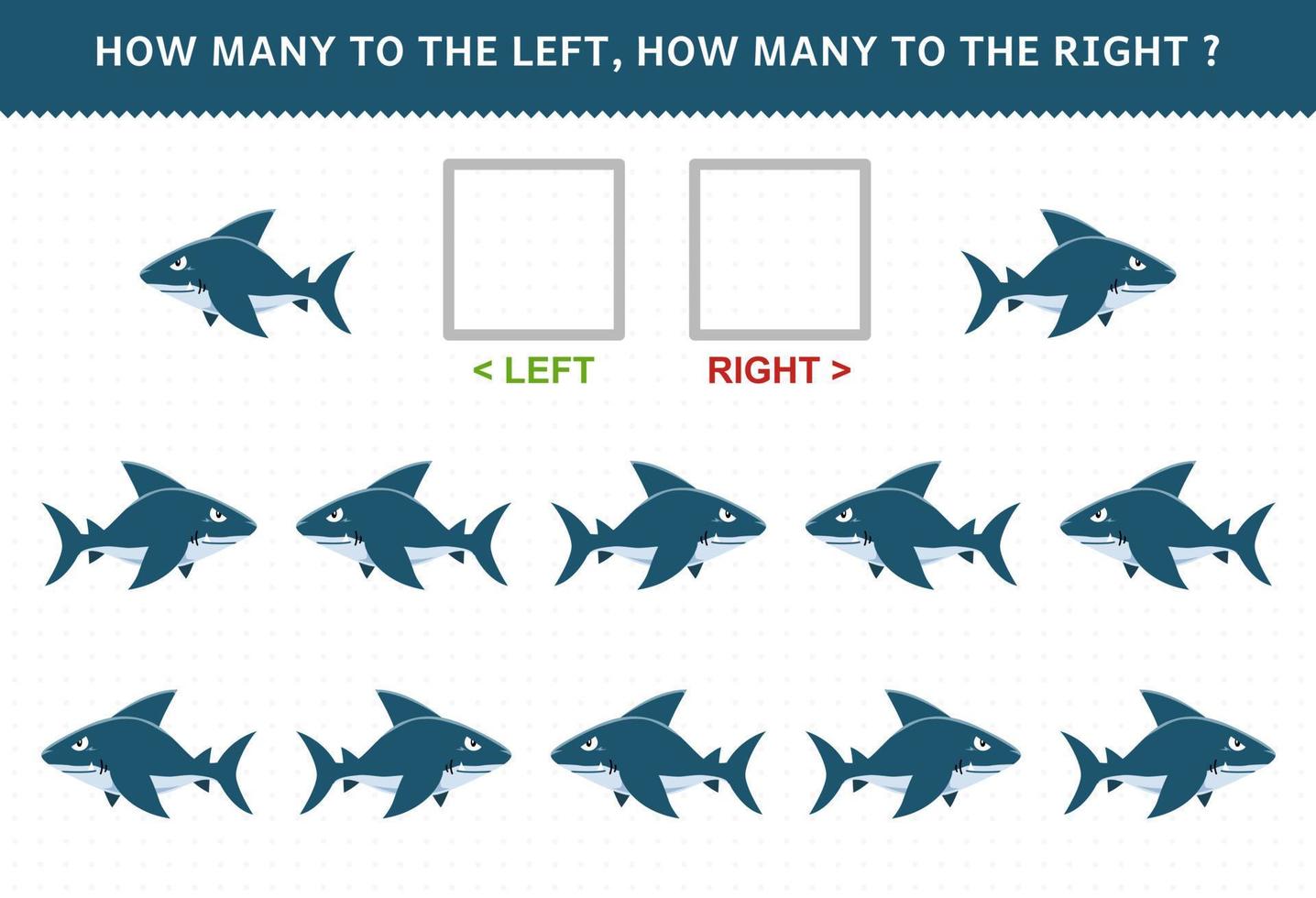 onderwijs spel voor kinderen van tellen links en Rechtsaf afbeelding van schattig tekenfilm haai afdrukbare onderwater- werkblad vector