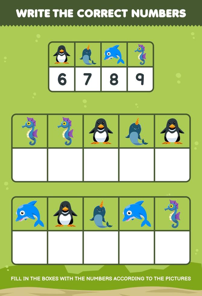 onderwijs spel voor kinderen schrijven de Rechtsaf getallen in de doos volgens naar de schattig pinguïn narwal dolfijn zeepaardje afbeeldingen Aan de tafel afdrukbare onderwater- werkblad vector
