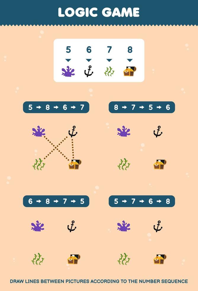 onderwijs spel voor kinderen trek lijnen volgens naar de aantal opeenvolgingen van schattig tekenfilm koraal anker zeewier schat borst afbeeldingen afdrukbare onderwater- werkblad vector