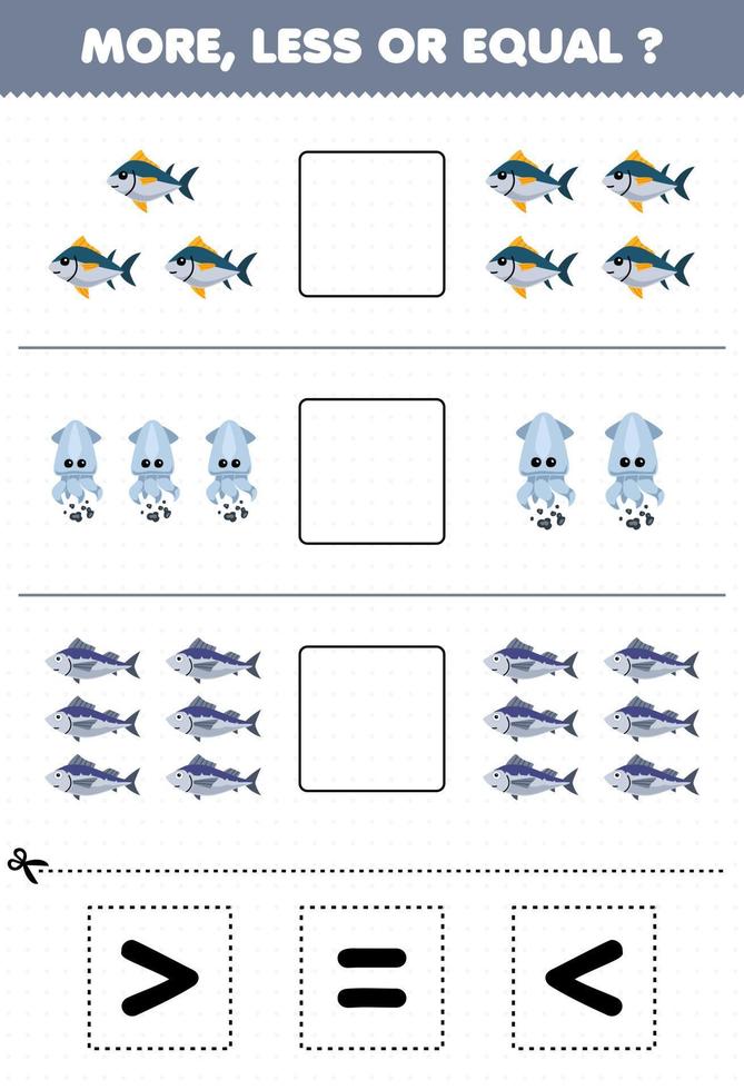 onderwijs spel voor kinderen tellen meer minder of Gelijk van tekenfilm tonijn vis inktvis vervolgens besnoeiing en lijm de correct teken onderwater- werkblad vector