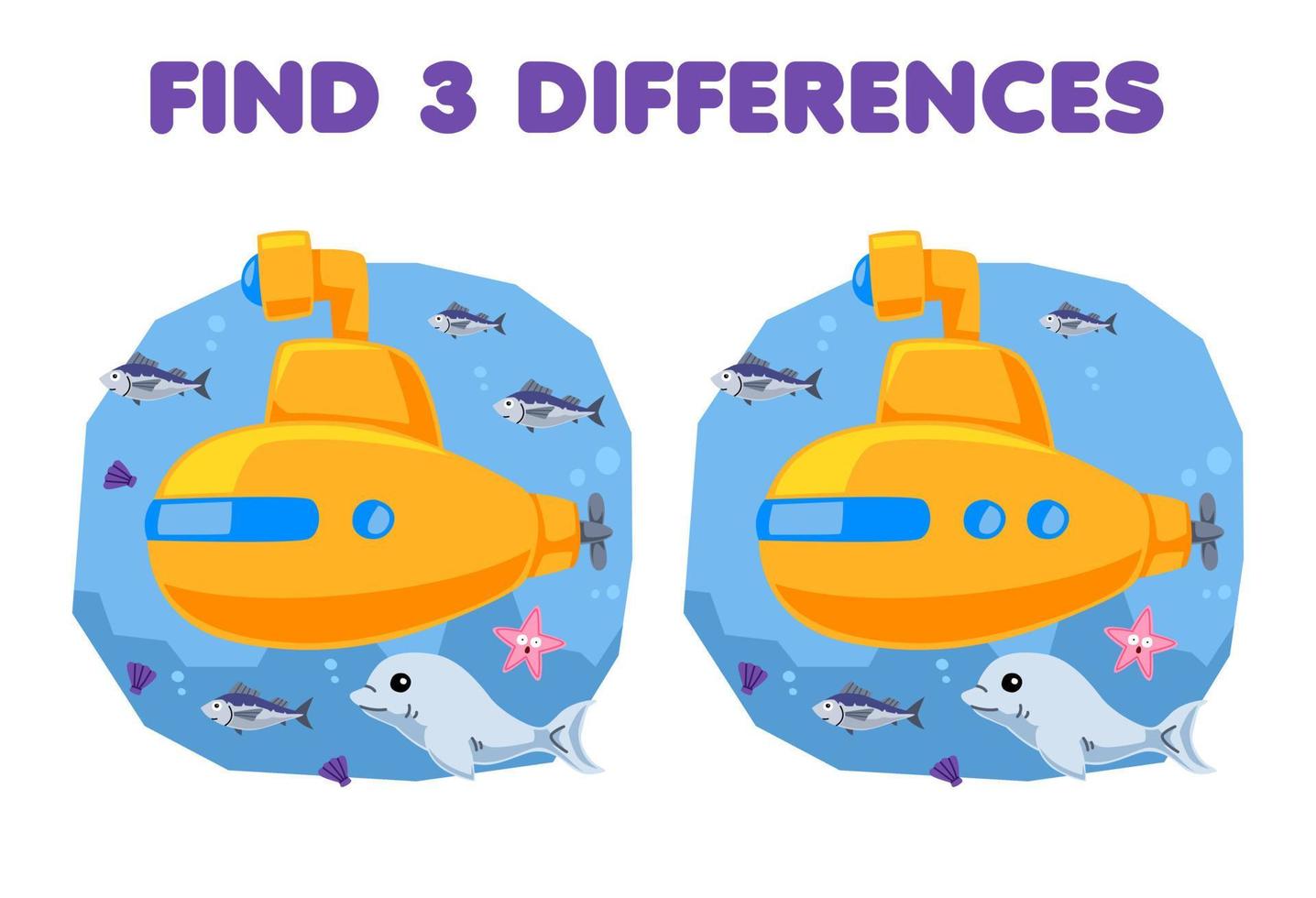 onderwijs spel voor kinderen vind drie verschillen tussen twee schattig tekenfilm onderzeeër en vis afdrukbare onderwater- werkblad vector