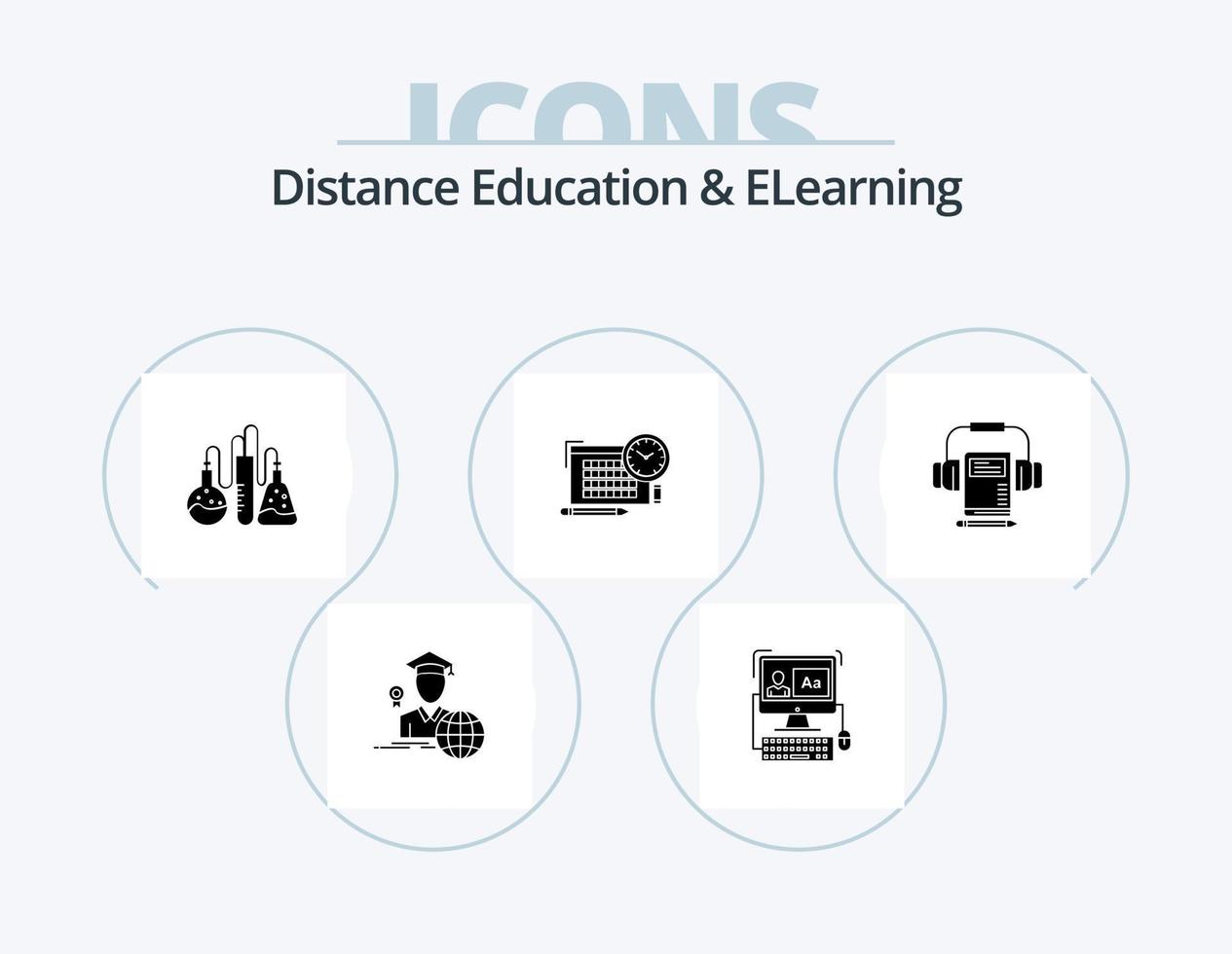 afstand onderwijs en elearning glyph icoon pak 5 icoon ontwerp. geluid. focus. chemisch. pen. tijd vector