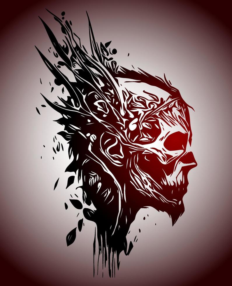 psychedelisch schedel gezicht, voorkant visie en kant visie. inkt zwart en rood tekening. vector illustratie