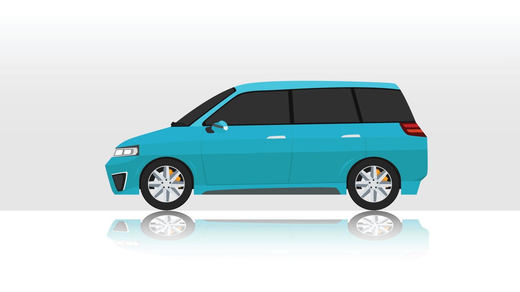 concept vector illustratie van gedetailleerd kant van een vlak busje auto blauw kleur. met schaduw van auto Aan weerspiegeld van de grond onderstaand. en geïsoleerd wit achtergrond.