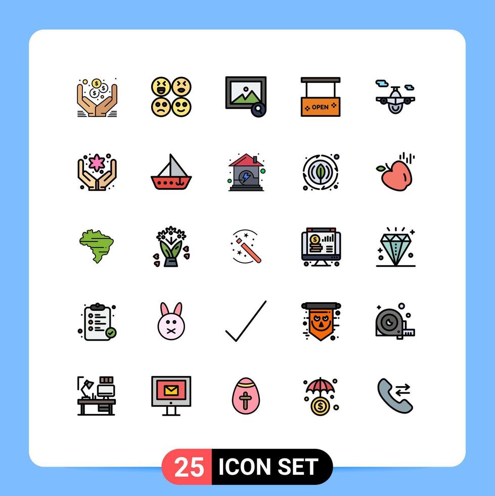 25 gevulde lijn vlak kleur concept voor websites mobiel en apps vervoer vliegtuig foto salon Open bewerkbare vector ontwerp elementen